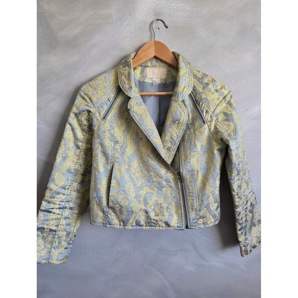 H&M Pale Blue and Gold Lurex Side Zipper Cropped Jacket Sz 4